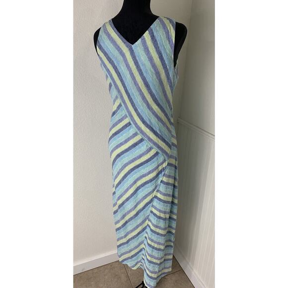 J JILL LOVE LINEN Dress Blue Green Striped Maxi Sundress Asymmetrical Sz M Tall - Picture 3 of 8